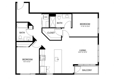 Floor plan for 2 beds, 2 baths, 1039 sqft